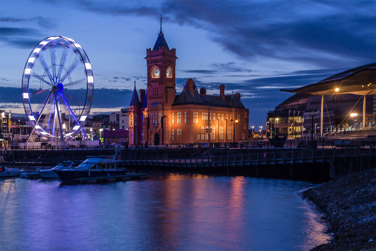 Cardiff Bay illuminated at dusk